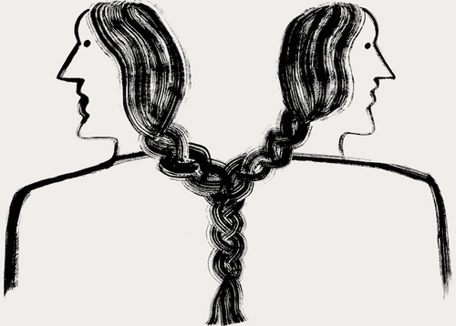Two similar looking people standing back to back who have long hair that joins together in an intertwining braid.